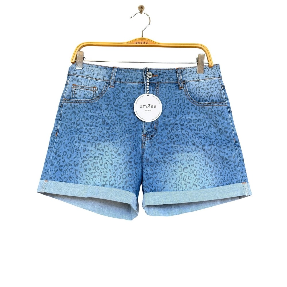 Umgee Shorts Women Size 7 Blue Leopard Print Boyfriend Cuffed Denim Stretch Plus